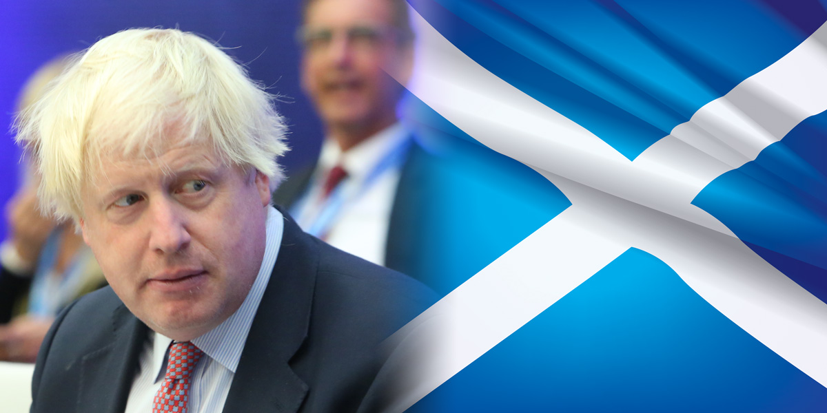 Boris Johnson looking at Scottish Flag