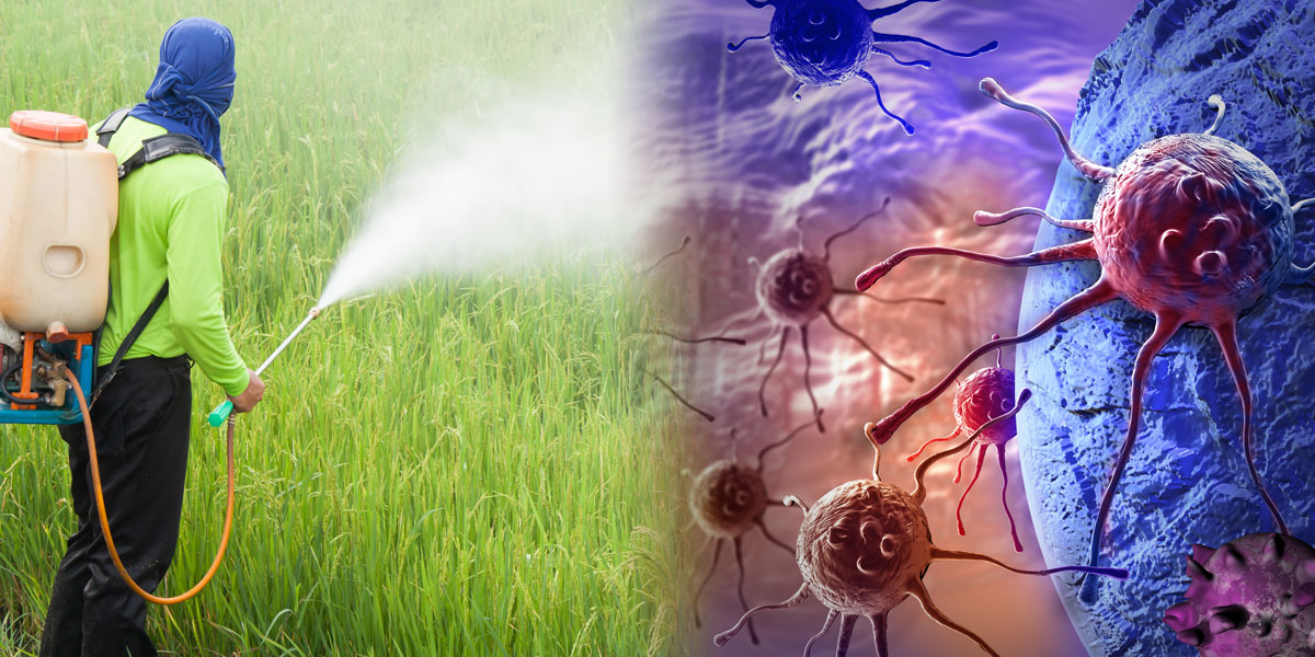 Farmer spraying pesticide and cancer cells