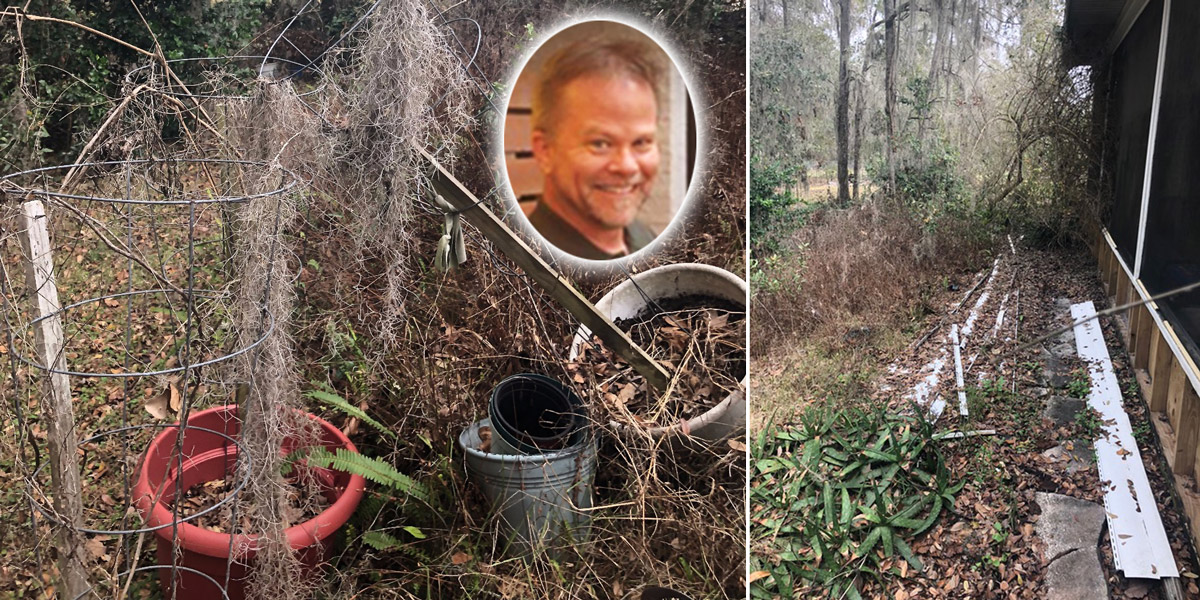 Kevin Folta's toppled tomato cage and abandoned garden