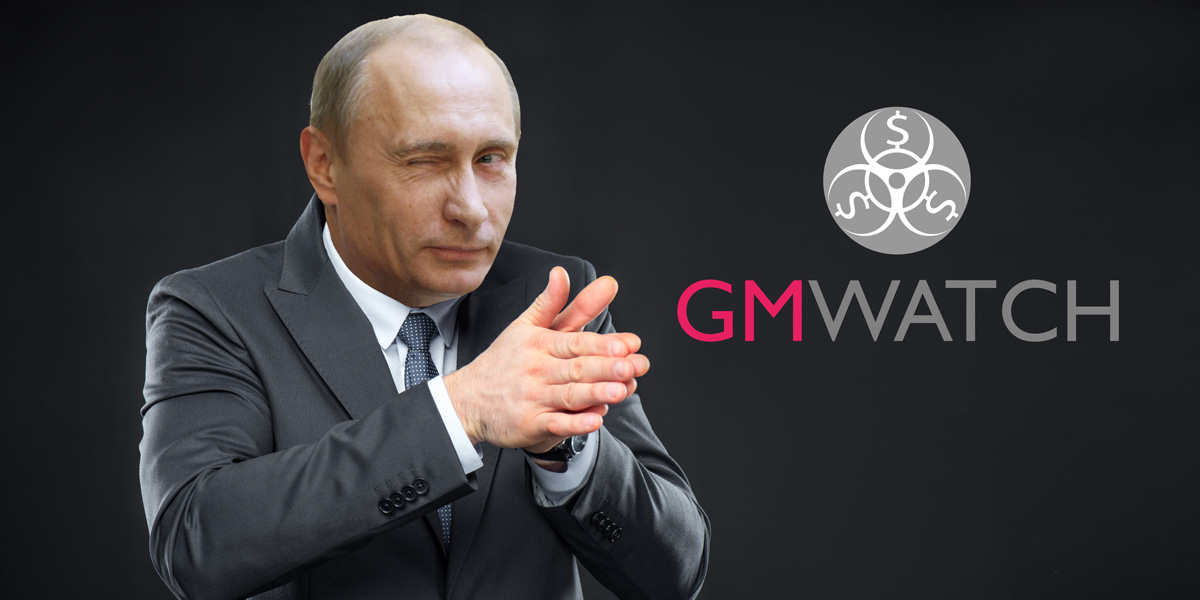 GMWatch logo and Putin, the scheming man