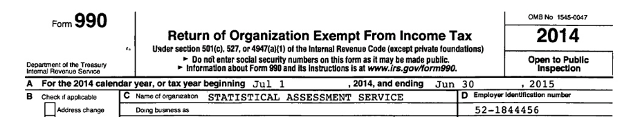 990 Income tax form for STATS Statistical Assessment