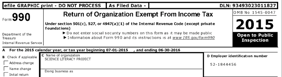  990 Income tax form for STATS Science Literacy Project 2015-2016