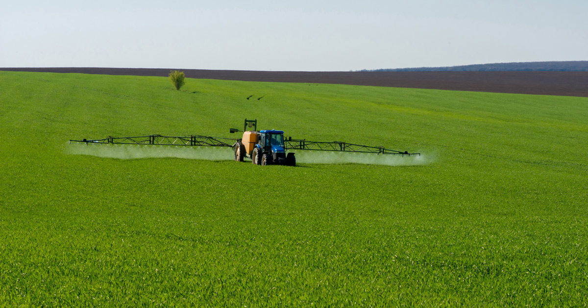 Tractor spraying pesticide in a field of wheat